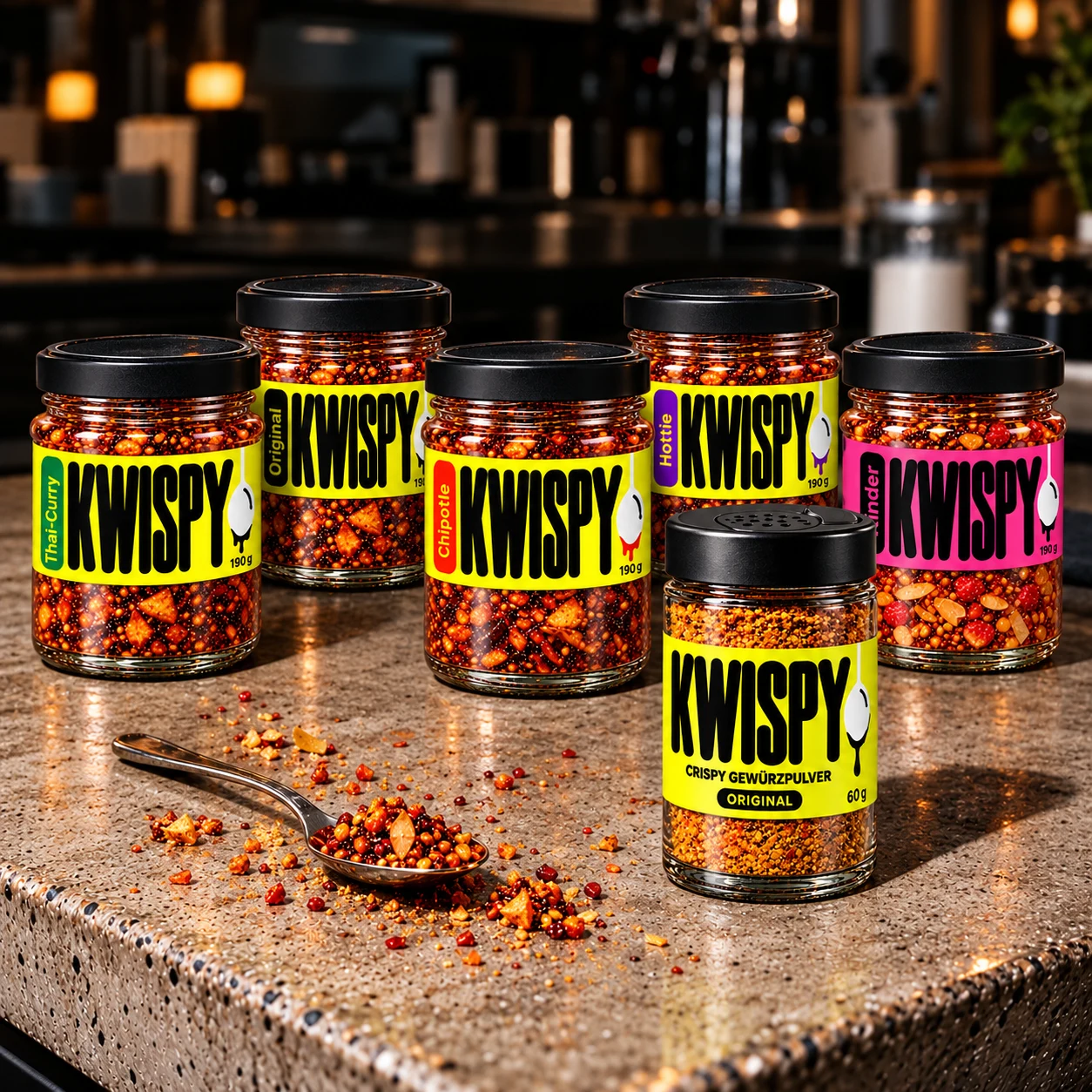 Full Crew Pack: fünf KWISPY-Sorten zu je 190 g und ein 60-g-Glasstreuer Crispy Gewürzpulver Original