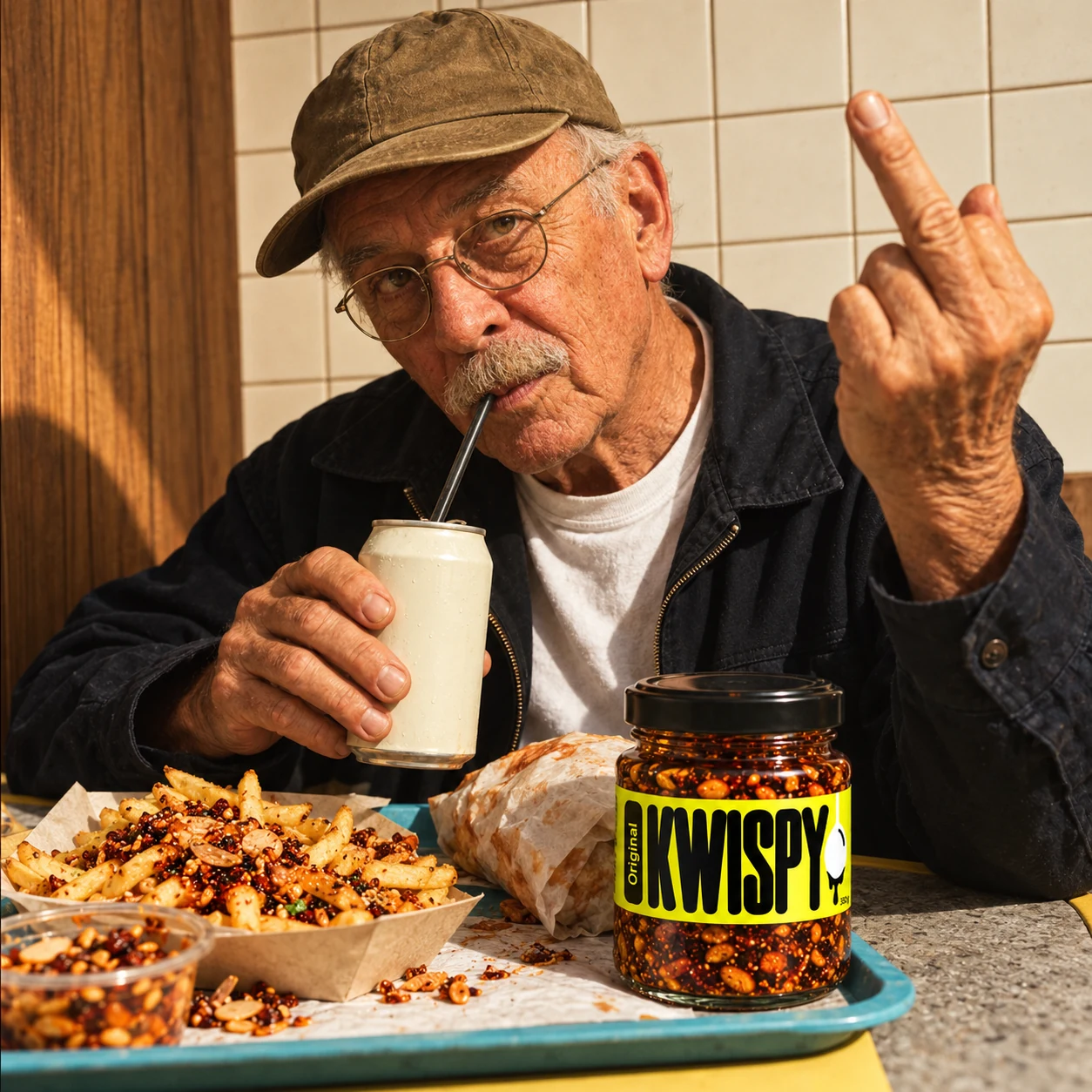 Frecher Opa im Imbiss mit erhobenem Mittelfinger, Pommes und KWISPY Original auf dem Tisch
